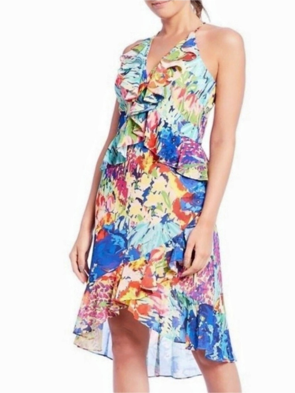 Belle Badgley Mischka Faith in Floral Dress Floral High-Low Dress Blue & Pink